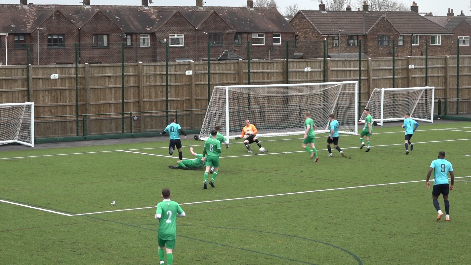Whitworth Valley goalkeeper makes a save with his feet to deny Winstanley St Aidans